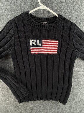 Ralph Lauren Polo Jeans Women Flag Sweater Medium Black Ribbed RL Cotton Adult
